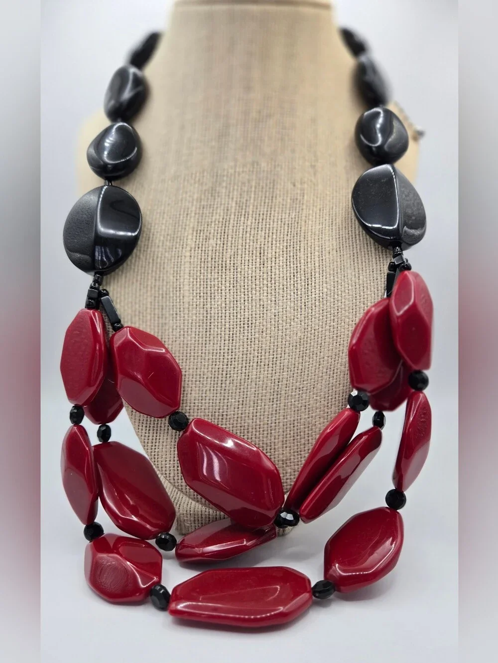 Chico's Red Black Multi-Strand Statement Necklace Chunky Retro Bold Chic Layered
